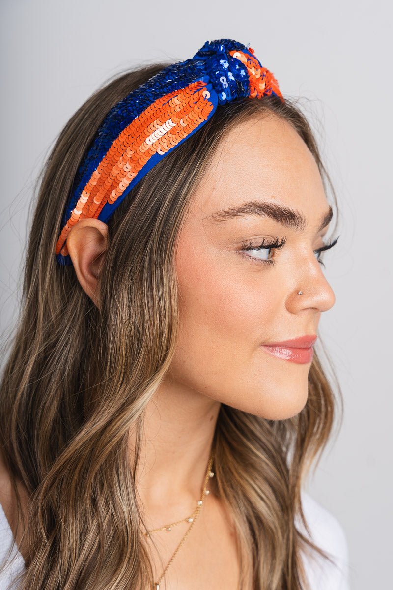 Sequin game day headband blue/orange - Trendy OKC Apparel at Lush Fashion Lounge Boutique in Oklahoma City