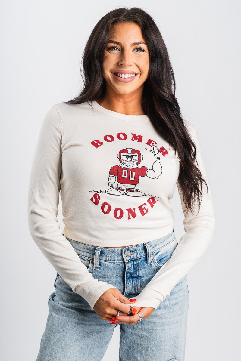 OU OU football player long sleeve crop t-shirt natural T-shirt | Lush Fashion Lounge Trendy Oklahoma University Sooners Apparel & Cute Gameday T-Shirts