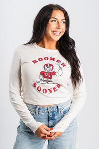 OU OU football player long sleeve crop t-shirt natural T-shirt | Lush Fashion Lounge Trendy Oklahoma University Sooners Apparel & Cute Gameday T-Shirts