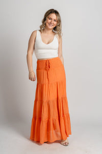 Tiered maxi skirt orange | Lush Fashion Lounge: boutique fashion skirts, affordable boutique skirts, cute affordable skirts