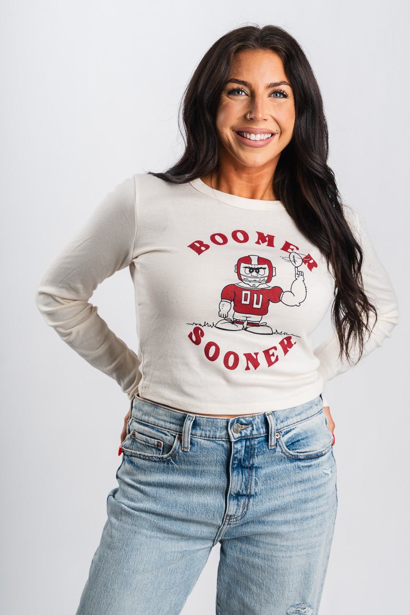 OU OU football player long sleeve crop t-shirt natural T-shirt | Lush Fashion Lounge Trendy Oklahoma University Sooners Apparel & Cute Gameday T-Shirts