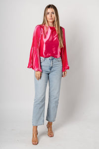 Pleated satin long sleeve top hot pink - Trendy Valentine's T-Shirts at Lush Fashion Lounge Boutique in Oklahoma City