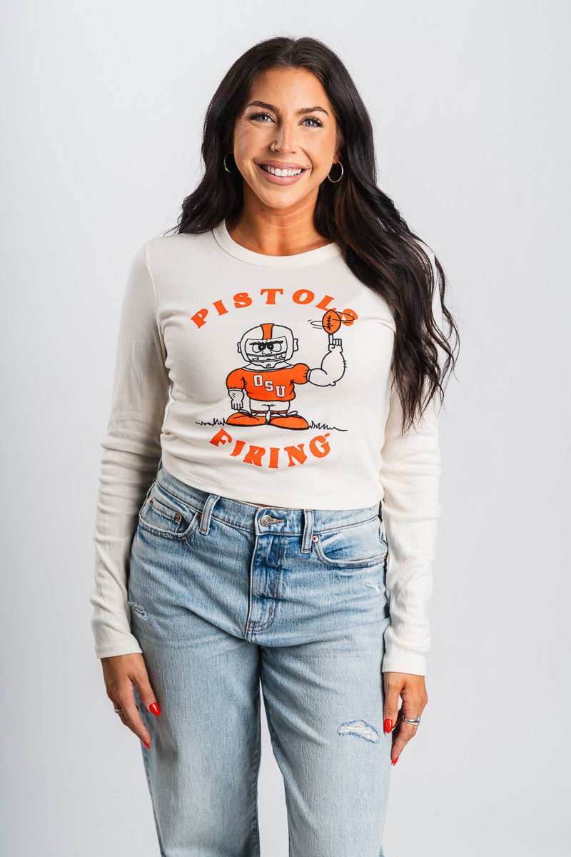 OSU OSU football player long sleeve crop t-shirt natural T-shirt | Lush Fashion Lounge Trendy Oklahoma State Cowboys Apparel & Cute Gameday T-Shirts