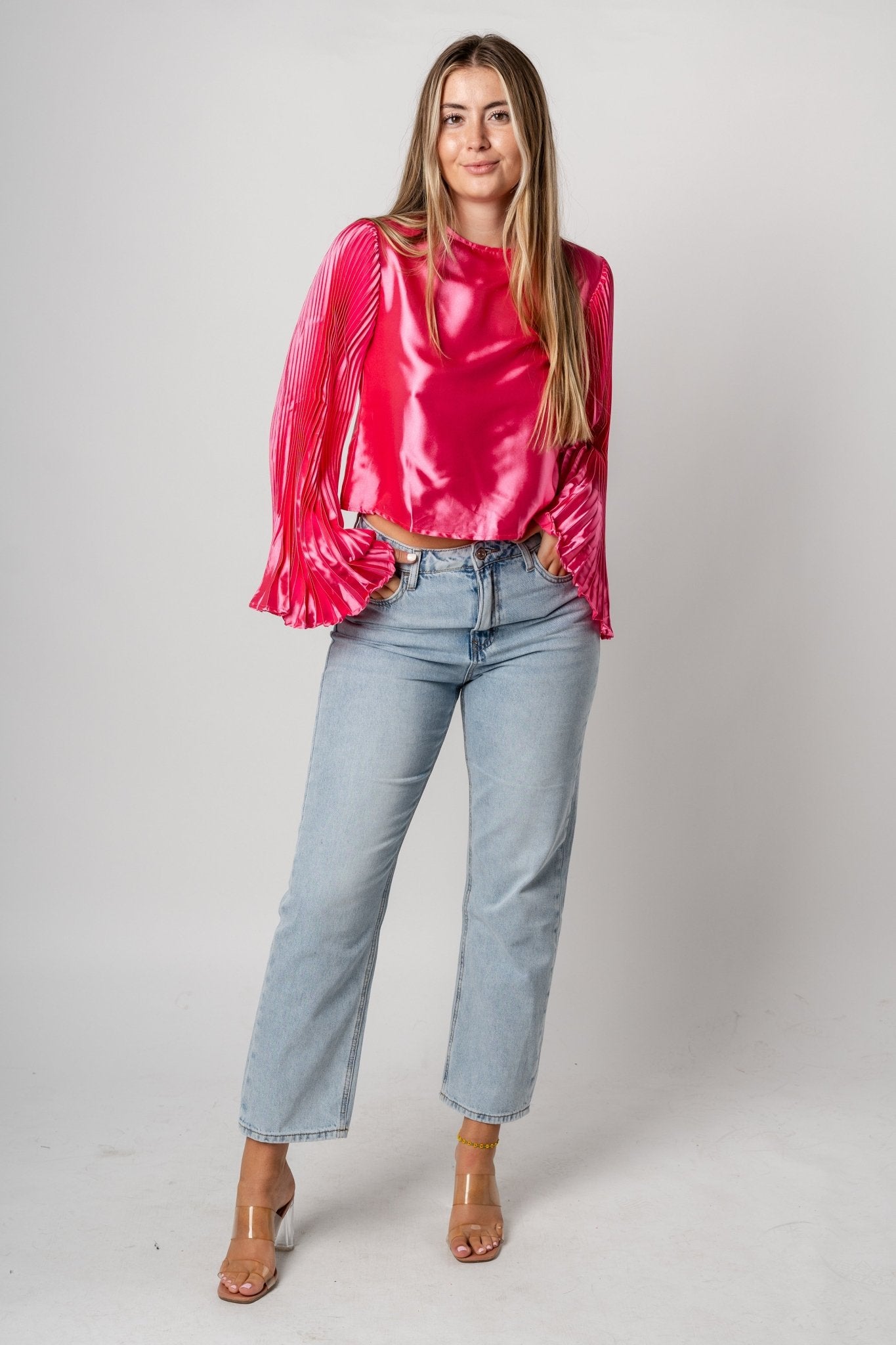 Pleated satin long sleeve top hot pink - Cute Valentine's Day Outfits at Lush Fashion Lounge Boutique in Oklahoma City