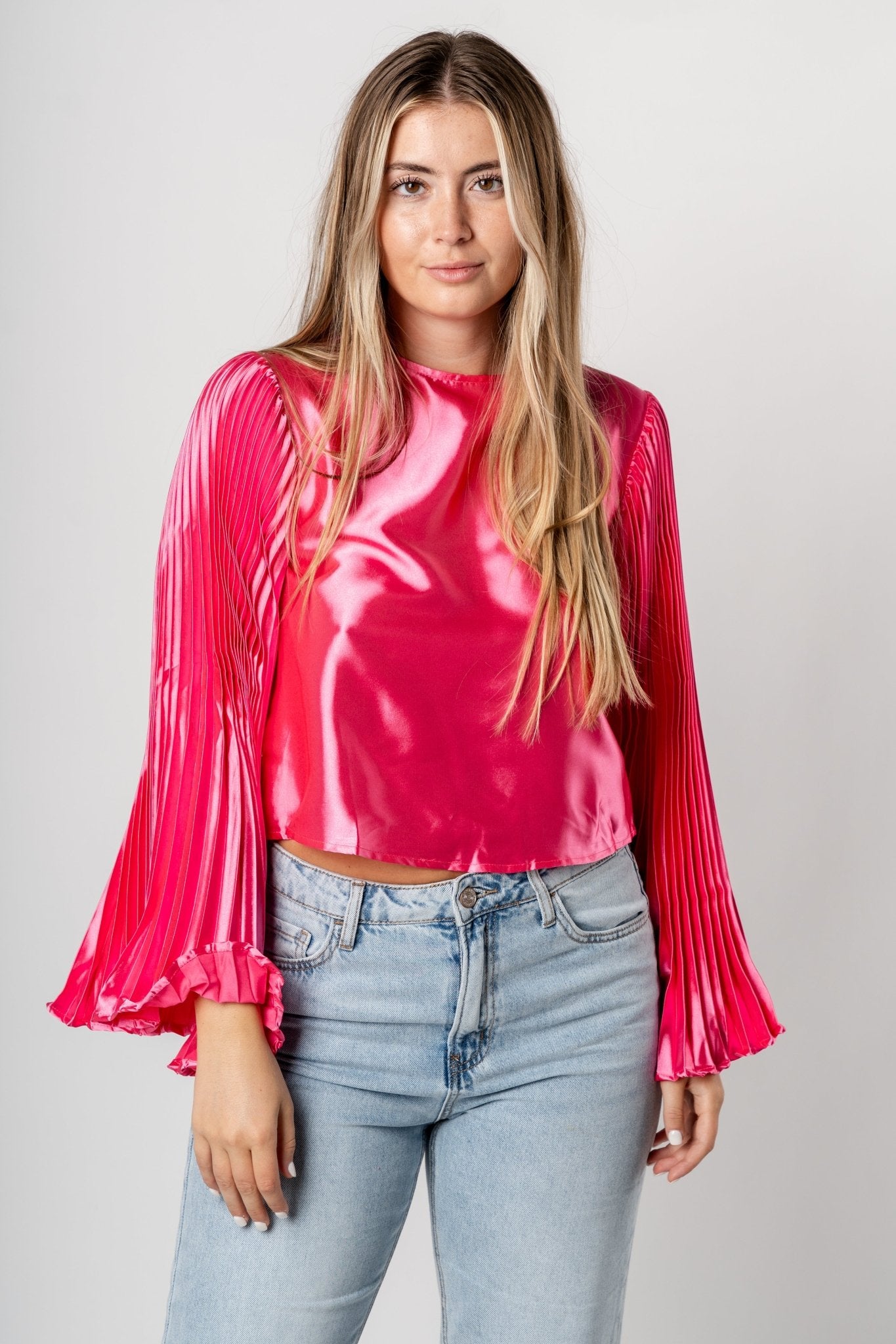 Pleated satin long sleeve top hot pink - Unique Valentine's Day T-Shirt Designs at Lush Fashion Lounge Boutique in Oklahoma City