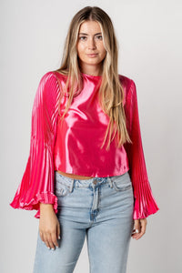 Pleated satin long sleeve top hot pink - Unique Valentine's Day T-Shirt Designs at Lush Fashion Lounge Boutique in Oklahoma City