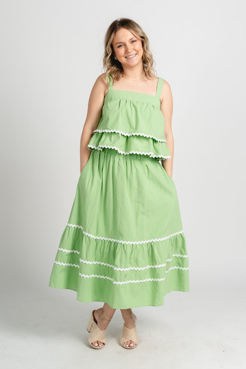 Scallop trim maxi skirt green - Stylish skirt - Trendy Staycation Outfits at Lush Fashion Lounge Boutique in Oklahoma City