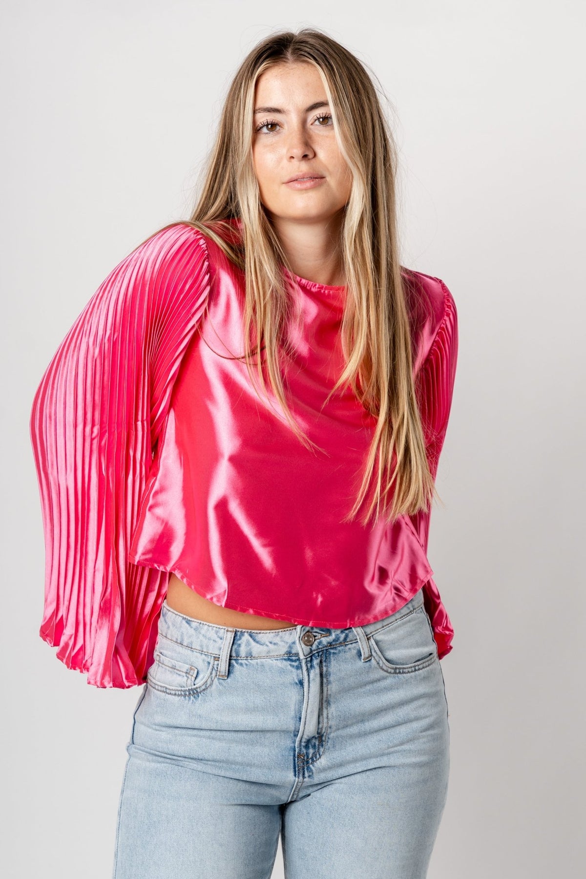 Pleated satin long sleeve top hot pink - Trendy T-Shirts for Valentine's Day at Lush Fashion Lounge Boutique in Oklahoma City