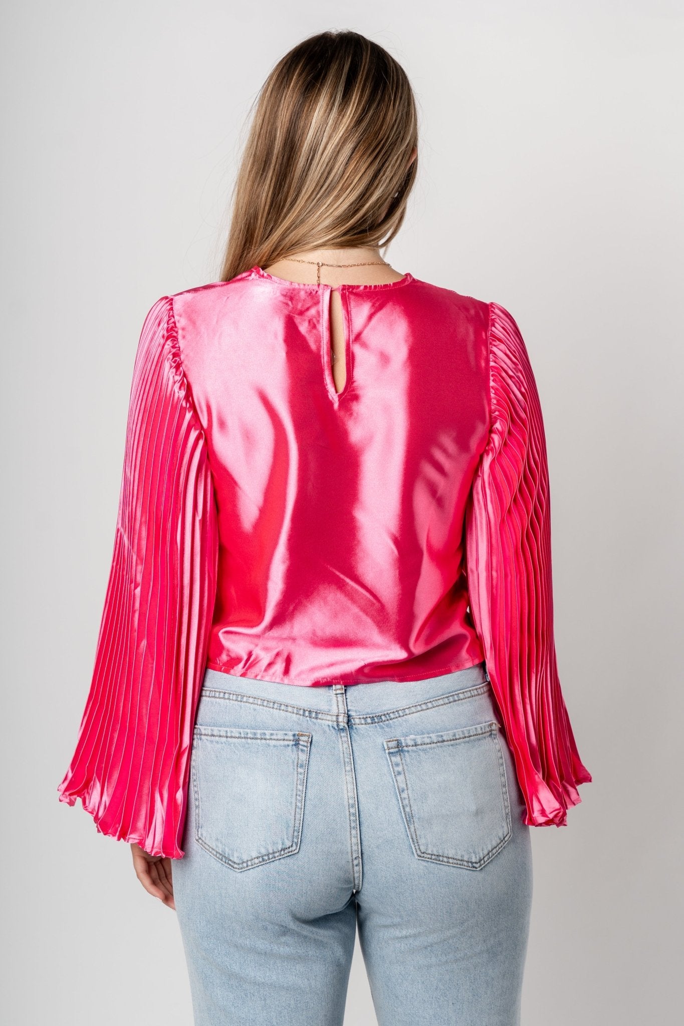 Pleated satin long sleeve top hot pink