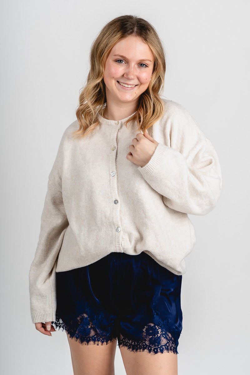 Lace trim satin shorts navy - Affordable shorts - Boutique Shorts at Lush Fashion Lounge Boutique in Oklahoma City