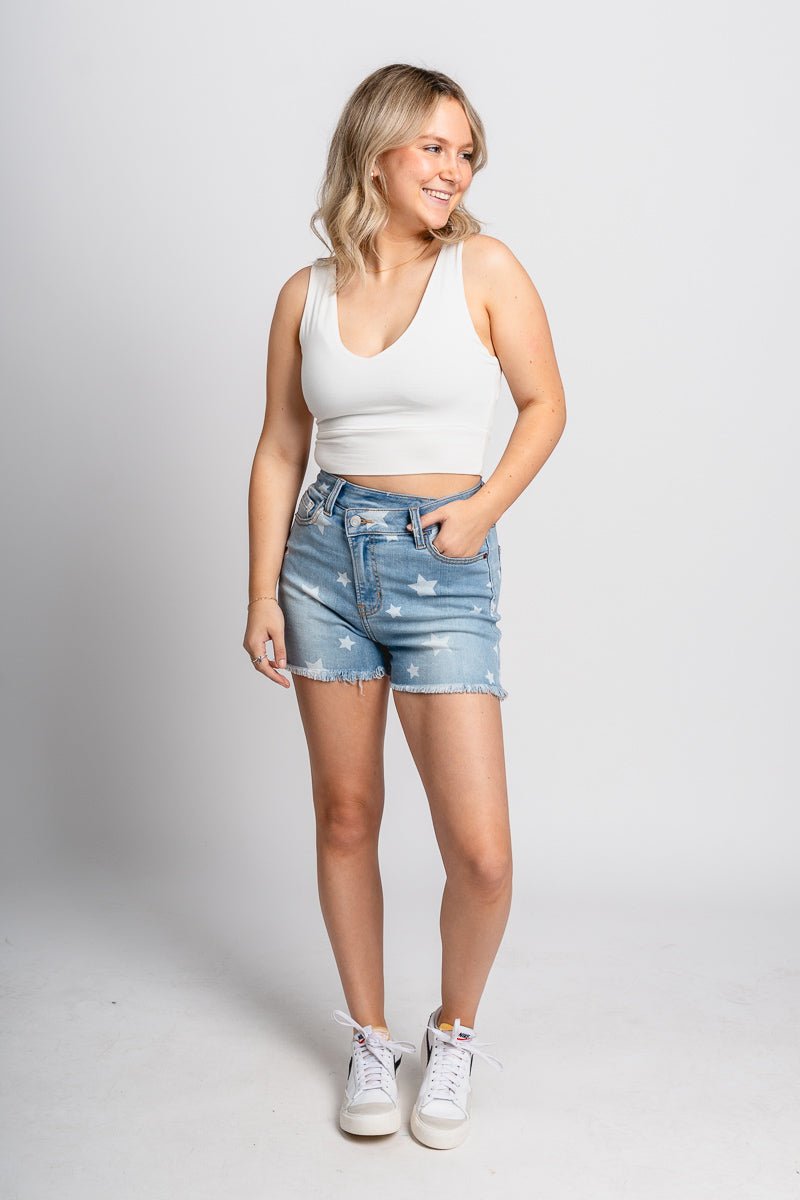 High rise star shorts light blue - Adorable shorts - Stylish Patriotic Summer Graphic Tees at Lush Fashion Lounge Boutique in OKC