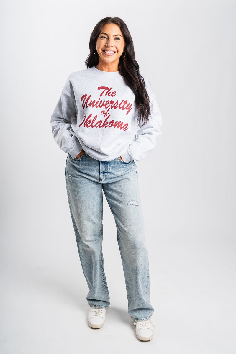 OU OU University of Oklahoma script sweatshirt ash Sweatshirt | Lush Fashion Lounge Trendy Oklahoma University Sooners Apparel & Cute Gameday T-Shirts