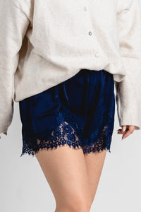Lace trim satin shorts navy - Cute shorts - Trendy Shorts at Lush Fashion Lounge Boutique in Oklahoma City