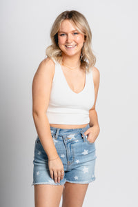 High rise star shorts light blue - Stylish shorts - Trendy American Summer Fashion at Lush Fashion Lounge Boutique in Oklahoma