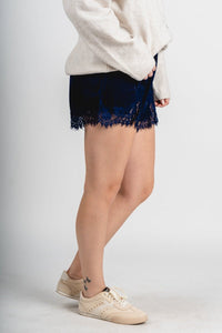 Lace trim satin shorts navy Stylish shorts - Womens Fashion Shorts at Lush Fashion Lounge Boutique in Oklahoma City