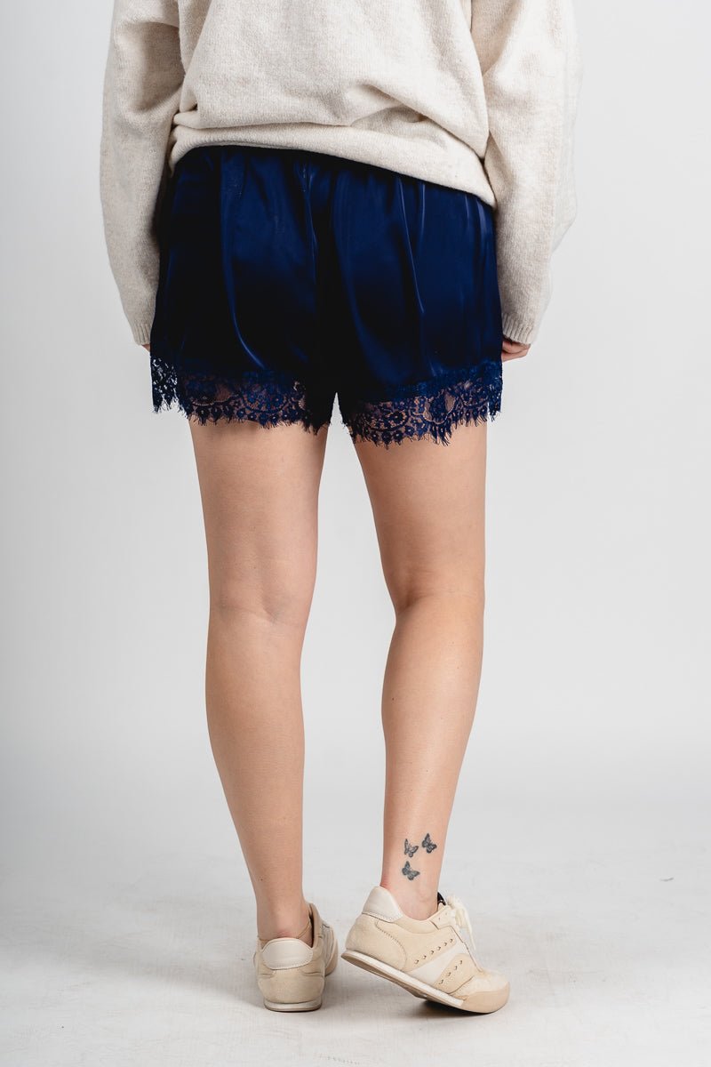Lace trim satin shorts navy