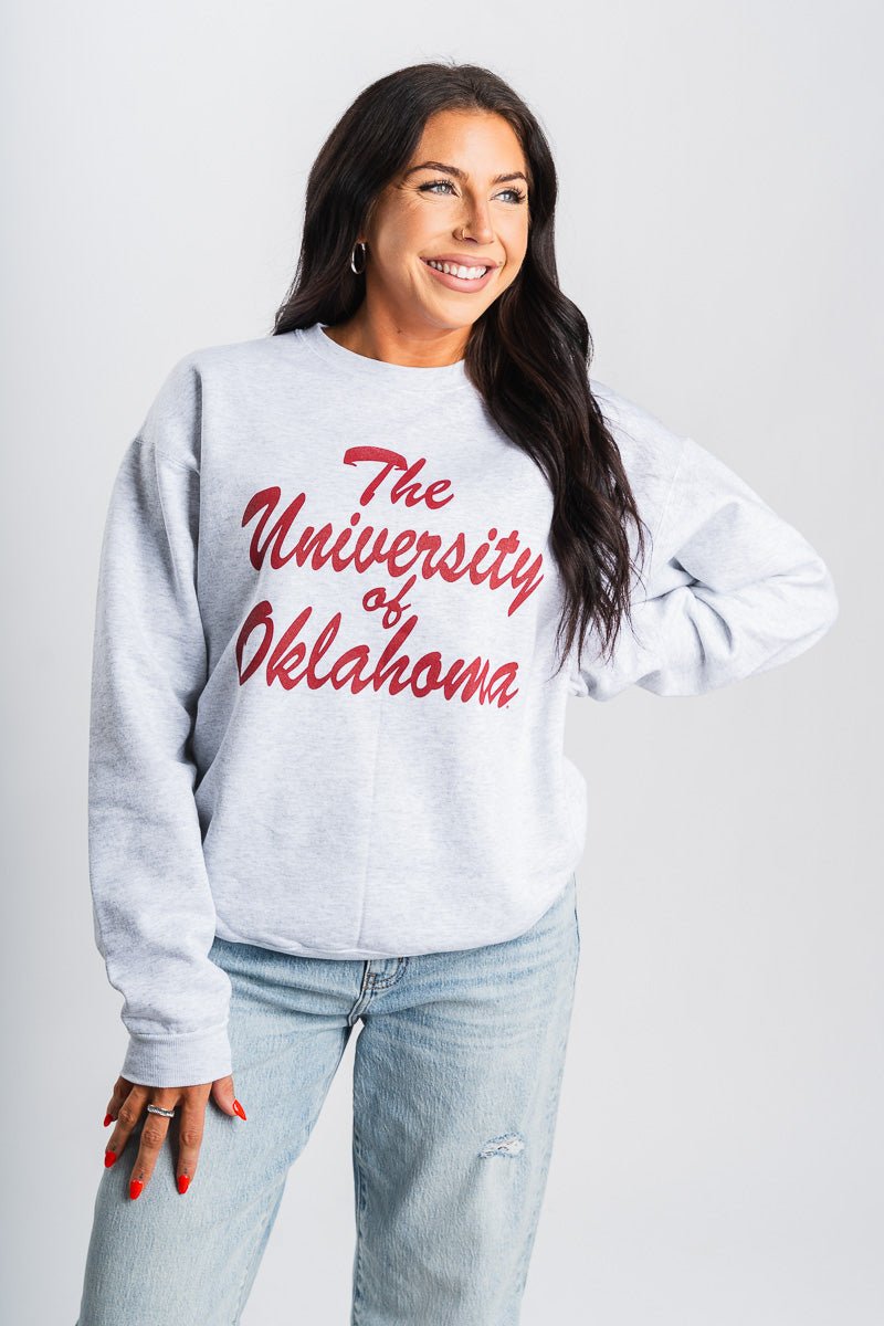 OU OU University of Oklahoma script sweatshirt ash Sweatshirt | Lush Fashion Lounge Trendy Oklahoma University Sooners Apparel & Cute Gameday T-Shirts