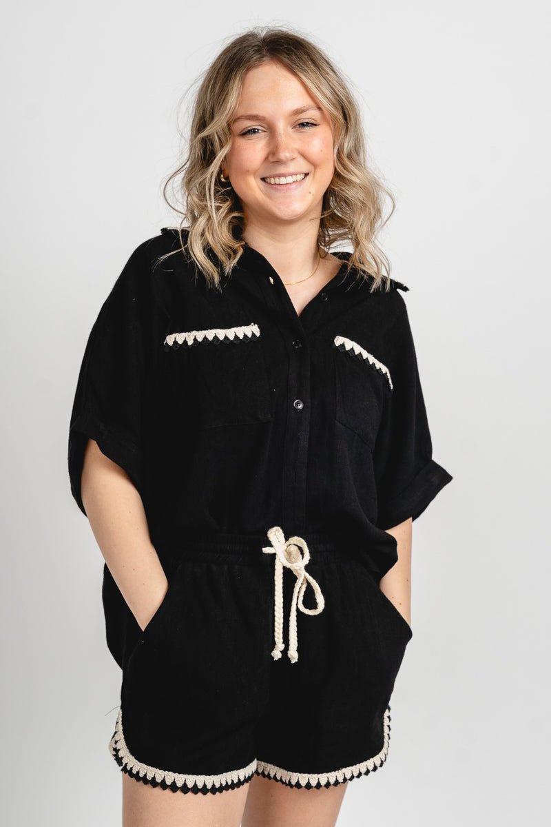 Embroidered short sleeve top black - Cute top - Fun Vacay Basics at Lush Fashion Lounge Boutique in Oklahoma City