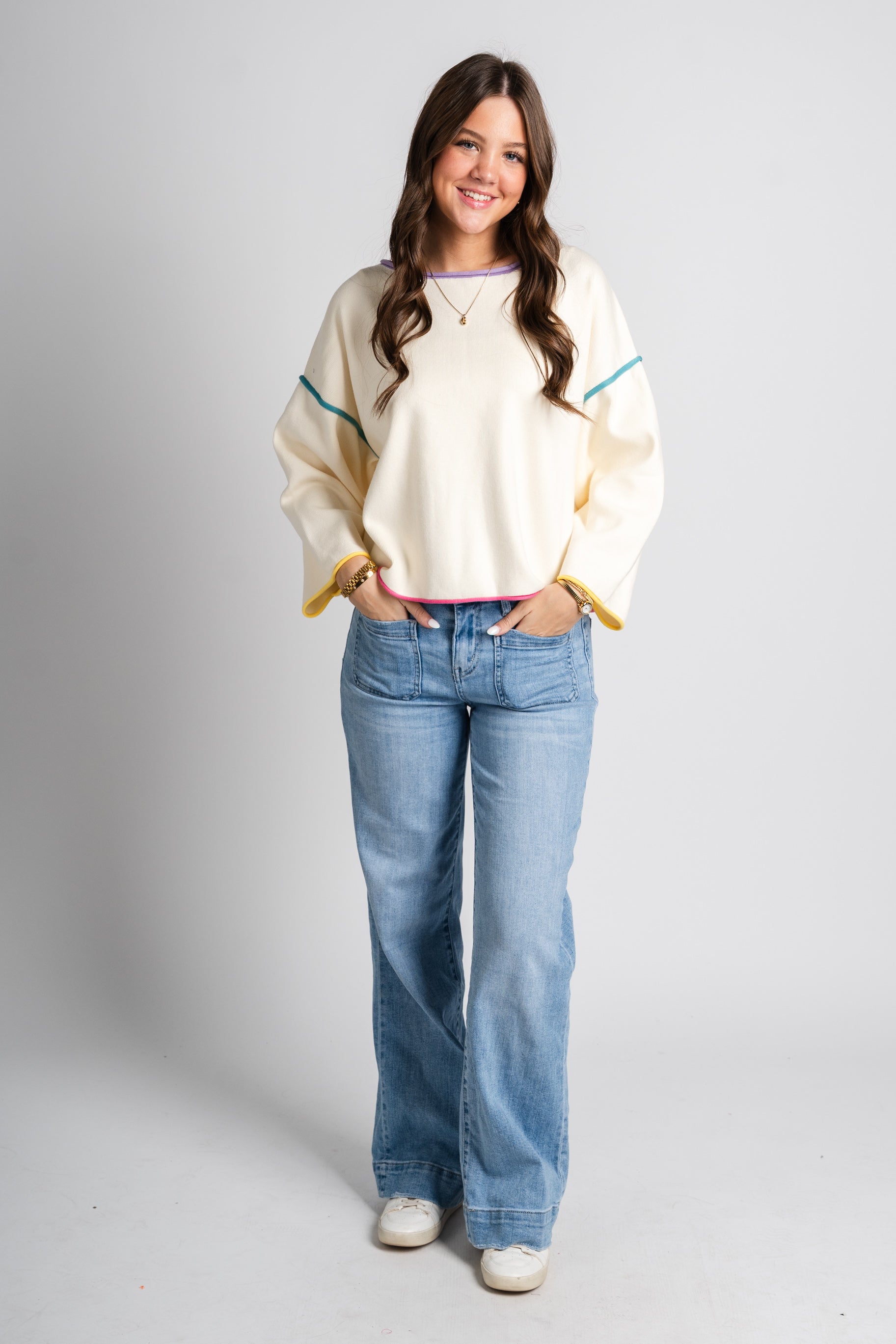 Contrast piping sweater cream - Trendy Sweaters | Cute Pullover Sweaters at Lush Fashion Lounge Boutique in Oklahoma City