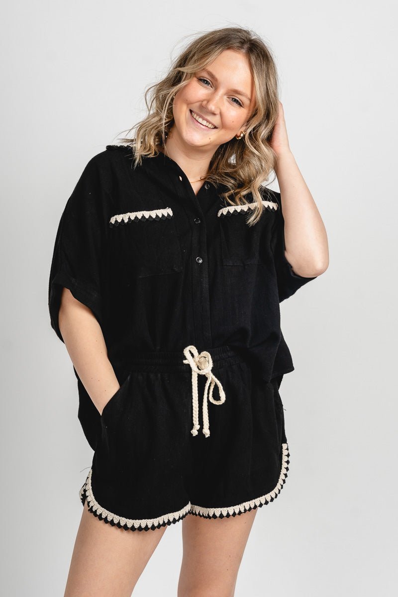 Embroidered short sleeve top black - Trendy top - Cute Vacation Collection at Lush Fashion Lounge Boutique in Oklahoma City