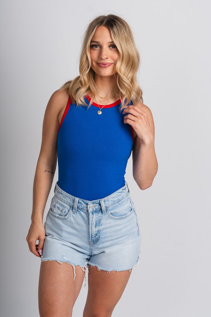 Round neck bodysuit blue/red - Cute bodysuit - Trendy Bodysuits at Lush Fashion Lounge Boutique in Oklahoma City