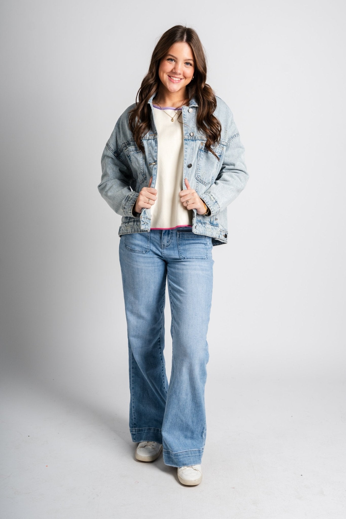 Pleated denim jacket light blue – Fashionable Jackets | Trendy Blazers at Lush Fashion Lounge Boutique in Oklahoma City