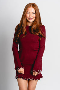Ruffle hem sweater dress burgundy - Cute dress - Trendy Dresses at Lush Fashion Lounge Boutique in Oklahoma City