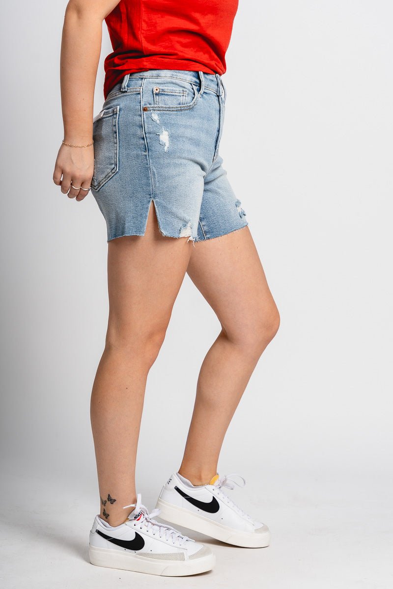 Cello mid rise midi shorts light denim - Trendy shorts - Fashion Shorts at Lush Fashion Lounge Boutique in Oklahoma City