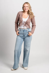 Lace trim crop sweater cardigan mocha - Trendy Sweater - Fashion Cardigans & Cute Kimonos at Lush Fashion Lounge Boutique in Oklahoma City