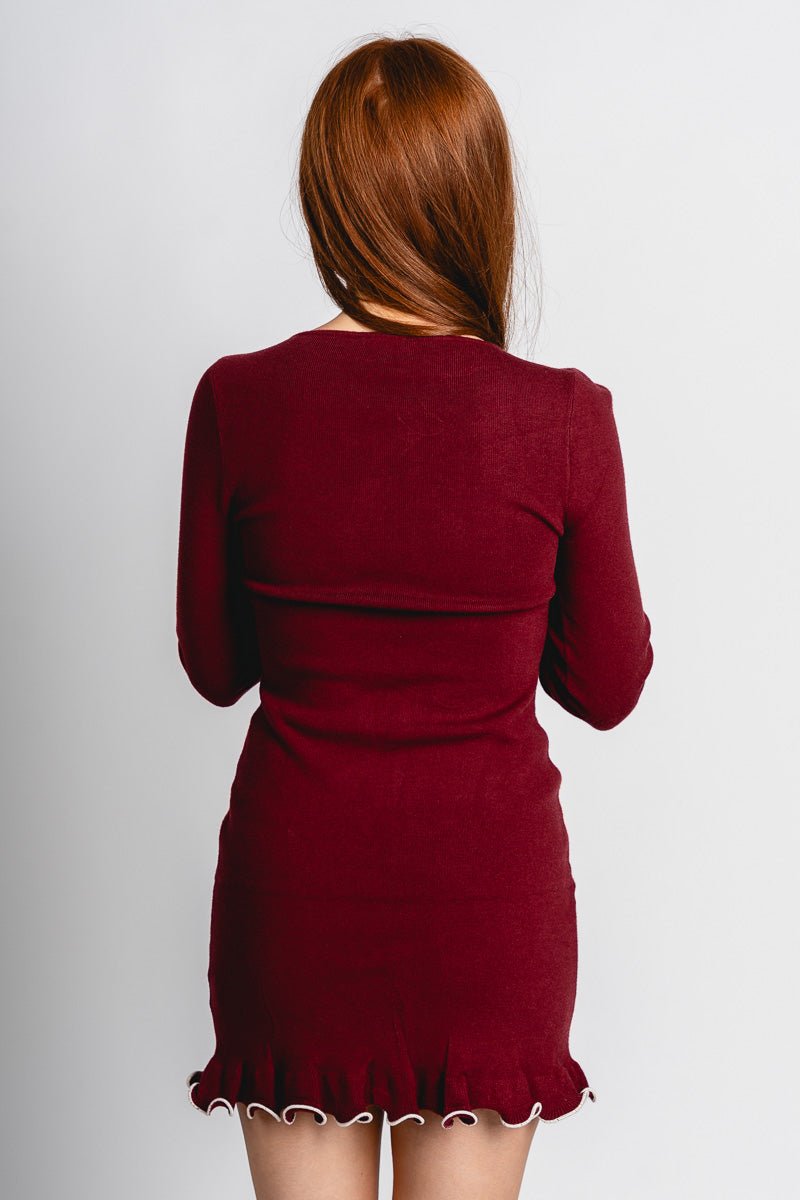 Ruffle hem sweater dress burgundy
