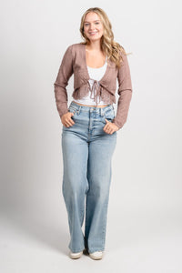 Lace trim crop sweater cardigan mocha – Unique Sweaters | Lounging Sweaters and Womens Fashion Sweaters at Lush Fashion Lounge Boutique in Oklahoma City