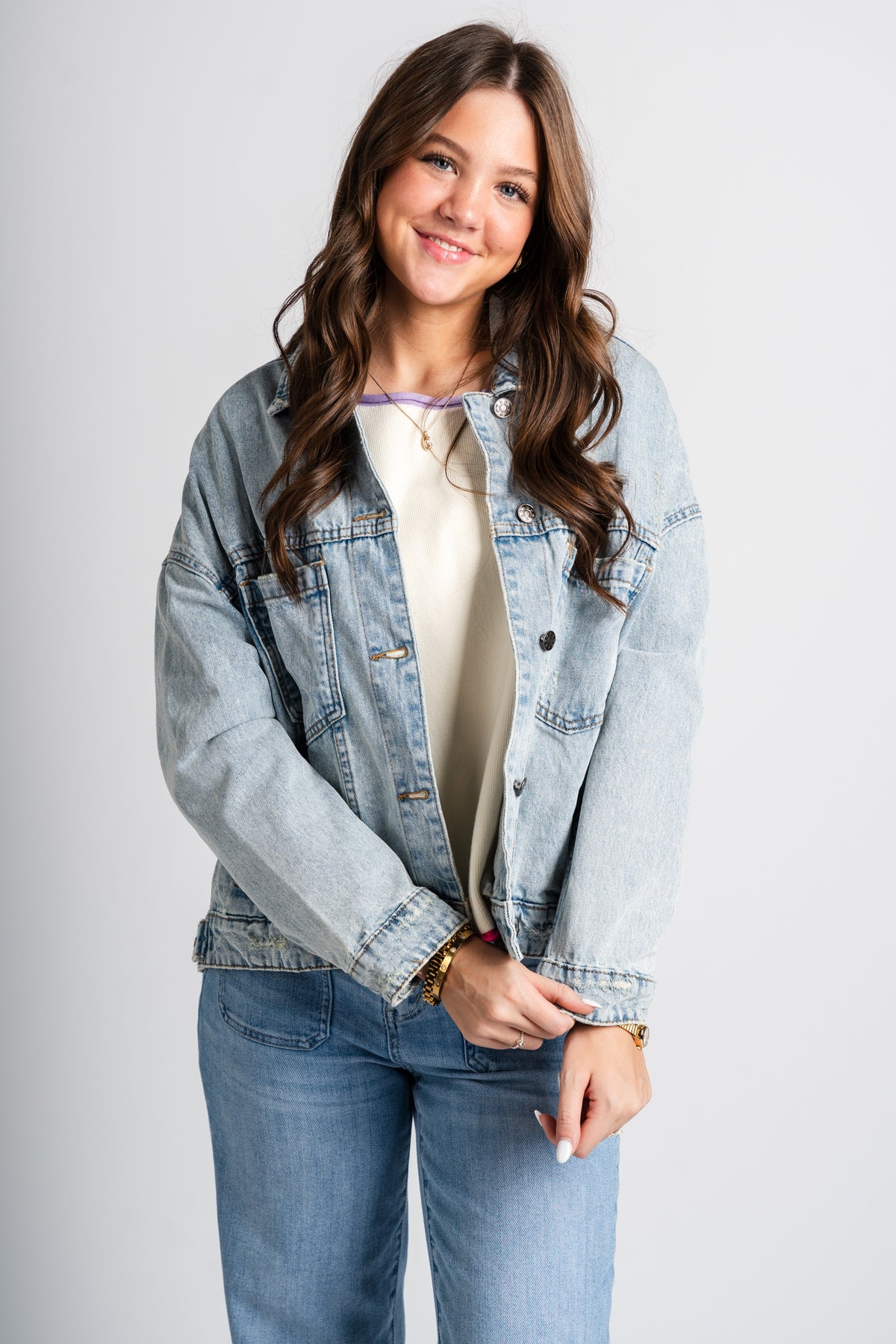 Pleated denim jacket light blue – Trendy Jackets | Cute Fashion Blazers at Lush Fashion Lounge Boutique in Oklahoma City