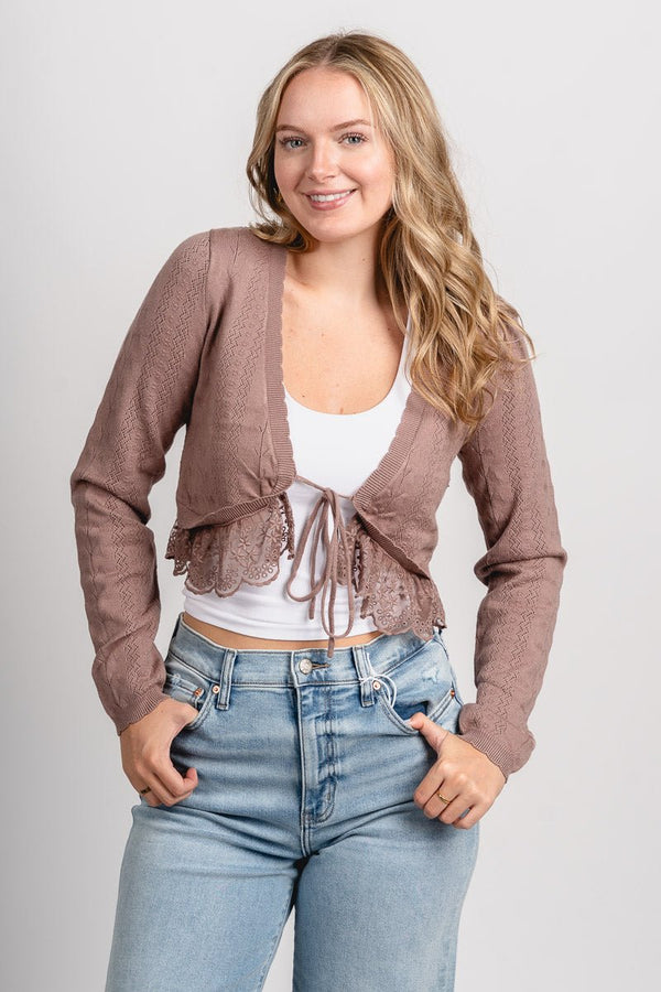 Lace trim crop sweater cardigan mocha | Trendy Cardigans