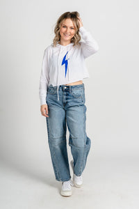 OKC bolt lightweight crop hoodie white - Trendy OKC Thunder T-Shirts at Lush Fashion Lounge Boutique in Oklahoma City