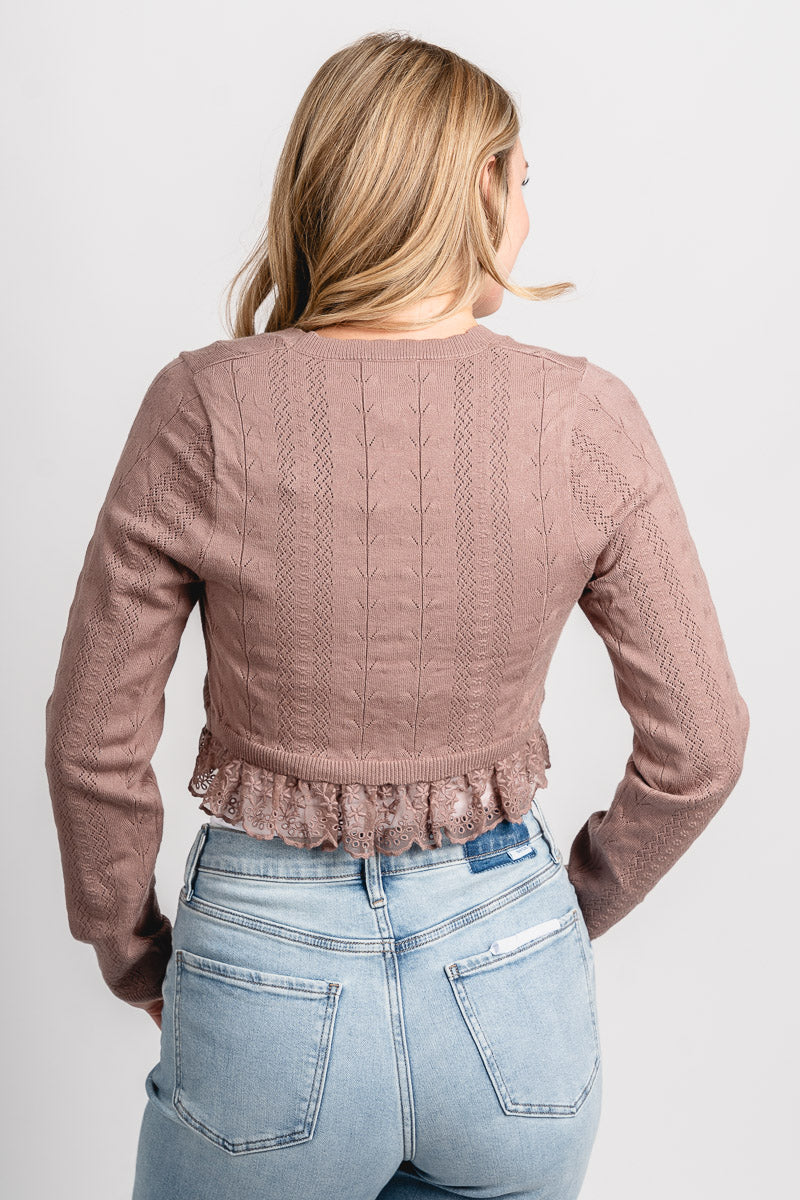 Lace trim crop sweater cardigan mocha