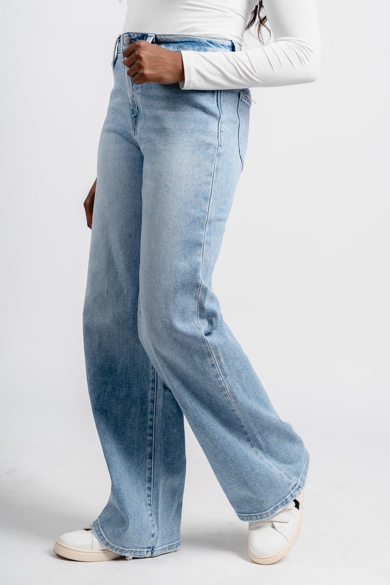 Flying Monkey high rise wide leg jeans advantageous | Lush Fashion Lounge: boutique women's jeans, fashion jeans for women, affordable fashion jeans, cute boutique jeans