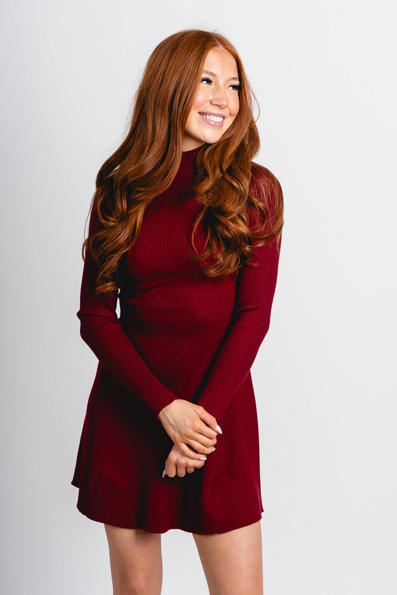 Mock neck sweater dress burgundy - Affordable dress - Boutique Dresses at Lush Fashion Lounge Boutique in Oklahoma City