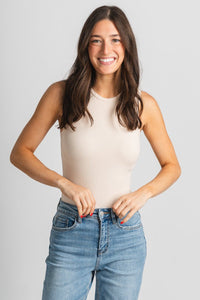 Round neck bodysuit cream - Cute bodysuit - Trendy Bodysuits at Lush Fashion Lounge Boutique in Oklahoma City