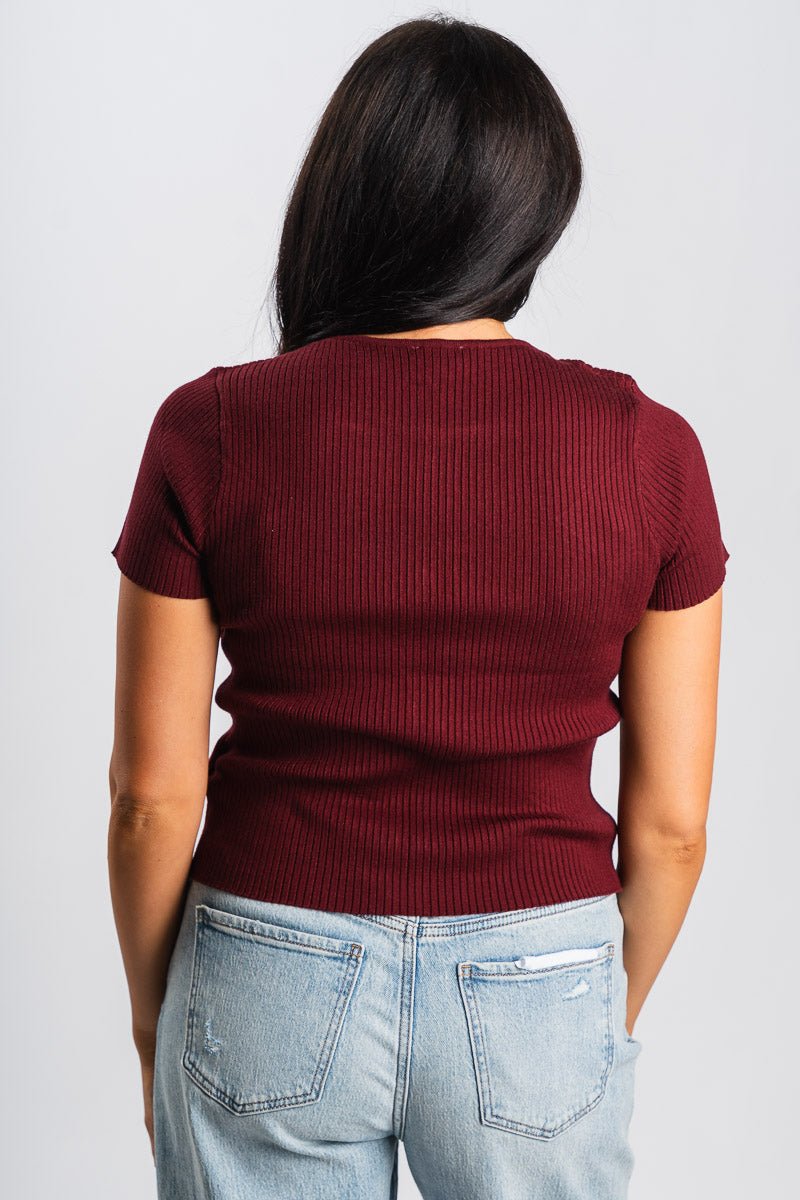 Satin bow short sleeve sweater burgundy/cream