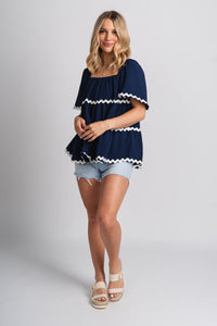 Ric rac puff sleeve top navy - Fun top - Unique American Summer Ideas at Lush Fashion Lounge Boutique in Oklahoma