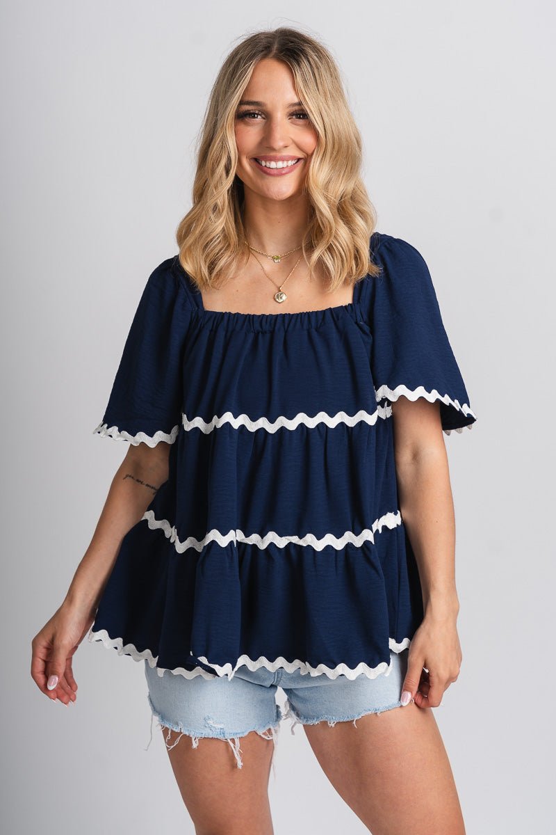 Ric rac puff sleeve top navy - Trendy top - Cute American Summer Collection at Lush Fashion Lounge Boutique in Oklahoma City