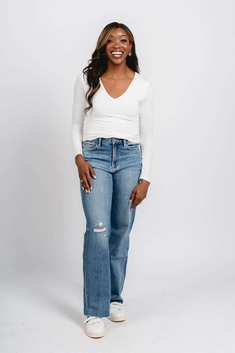 Flying Monkey high rise wide leg jeans elbe river | Lush Fashion Lounge: boutique women's jeans, fashion jeans for women, affordable fashion jeans, cute boutique jeans