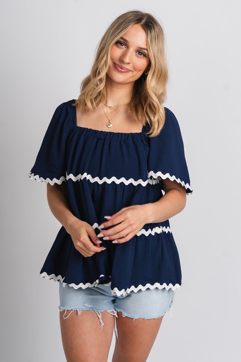 Ric rac puff sleeve top navy - Cute top - Fun American Summer Outfits at Lush Fashion Lounge Boutique in Oklahoma City