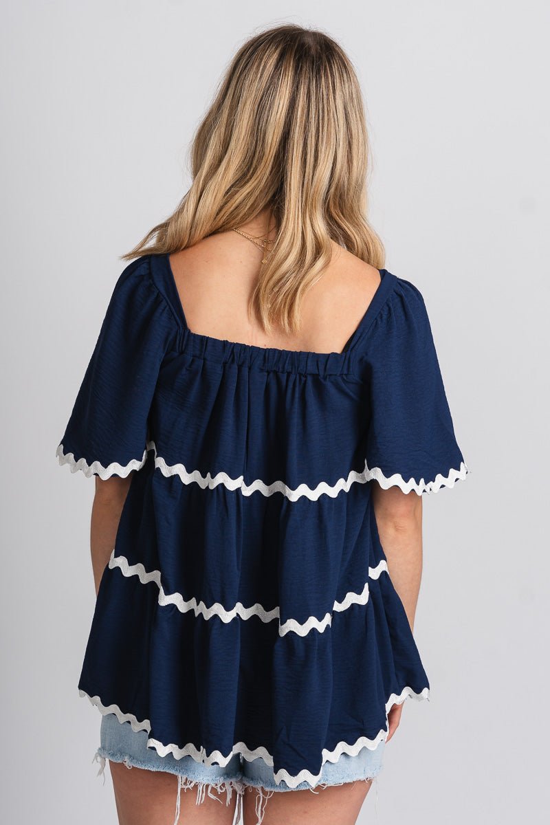 Ric rac puff sleeve top navy - Adorable top - Stylish Patriotic Summer Graphic Tees at Lush Fashion Lounge Boutique in OKC