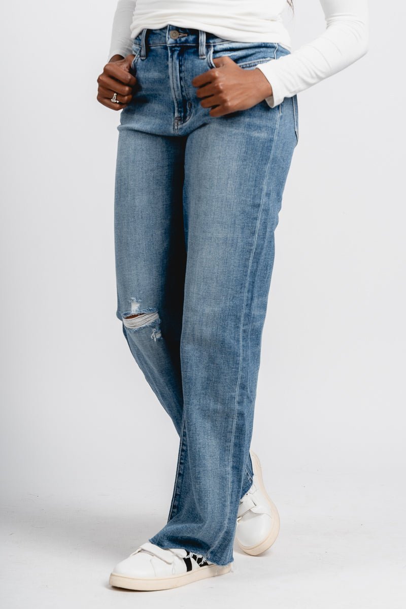 Flying Monkey high rise wide leg jeans elbe river | Lush Fashion Lounge: boutique women's jeans, fashion jeans for women, affordable fashion jeans, cute boutique jeans