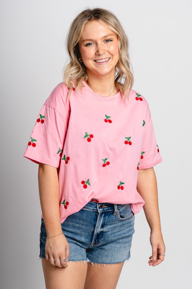 Cherry embroidered tee pink