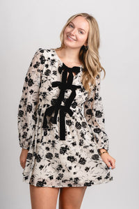 Floral velvet bow mini dress cream/black - Cute dress - Trendy Dresses at Lush Fashion Lounge Boutique in Oklahoma City