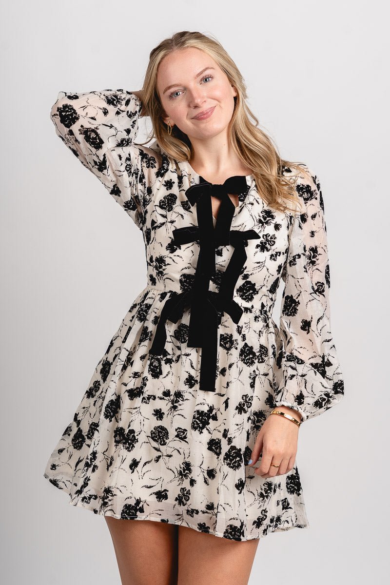 Floral velvet bow mini dress cream/black - Affordable dress - Boutique Dresses at Lush Fashion Lounge Boutique in Oklahoma City