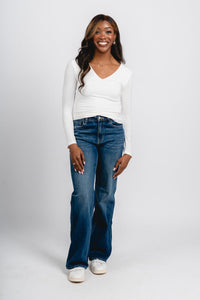 Flying Monkey high rise vintage flare jeans uplifted joy | Lush Fashion Lounge: boutique women's jeans, fashion jeans for women, affordable fashion jeans, cute boutique jeans