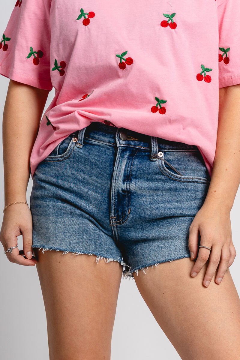 Just USA mid rise micro stretch shorts medium denim - Cute shorts - Trendy Shorts at Lush Fashion Lounge Boutique in Oklahoma City